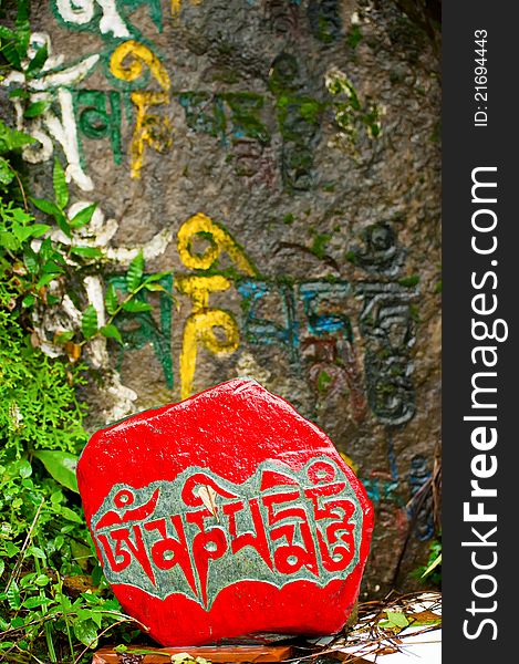 Buddhist prayer stone with mantra wet after rain