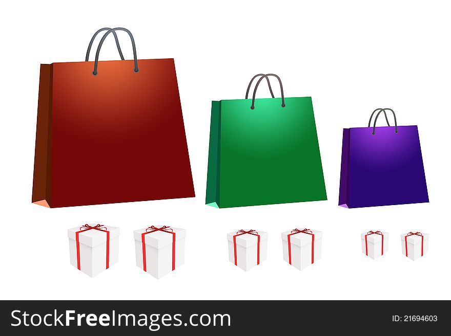 Shopping bag and gift box illustration isolated on white