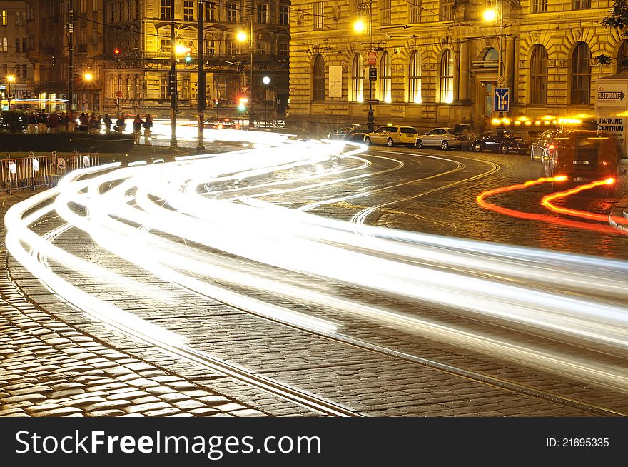 Long exposure photography of passing cars in Prague. Long exposure photography of passing cars in Prague