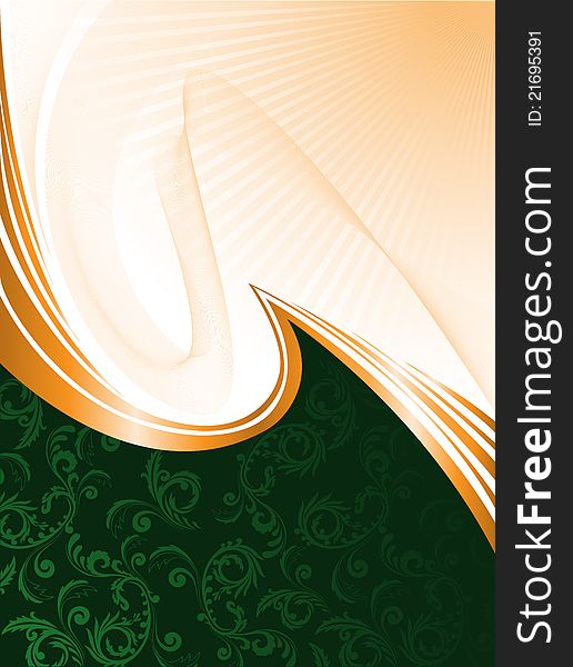 Abstract green background with ornament and orange waves. Abstract green background with ornament and orange waves