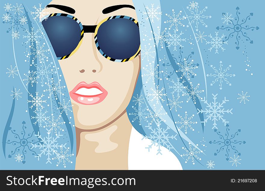Beautiful winter girl wearing spectacles and snowflakes. Beautiful winter girl wearing spectacles and snowflakes.