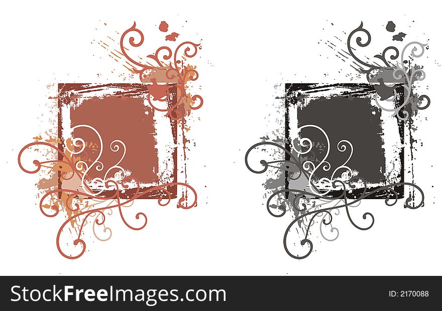 Grunge abstract frame with ornamental elements, in color, and black and white renderings. Grunge abstract frame with ornamental elements, in color, and black and white renderings.