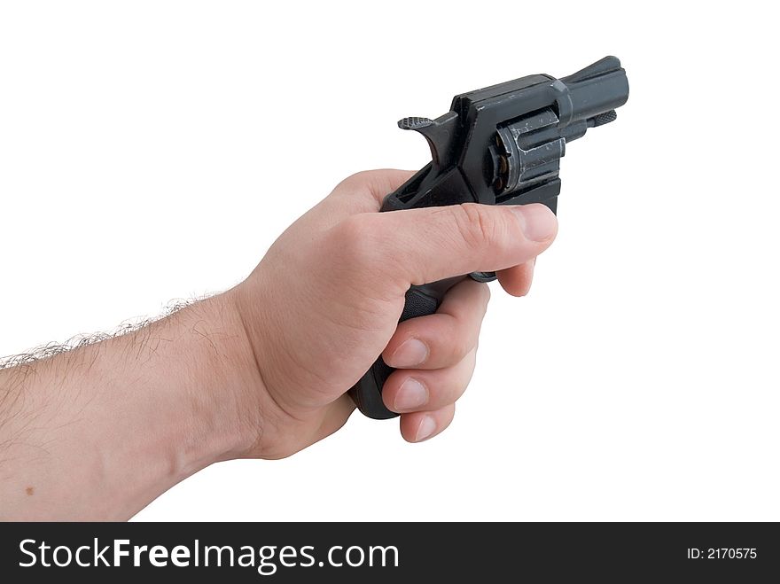 Black 9mm gun in man's hand aiming. Black 9mm gun in man's hand aiming