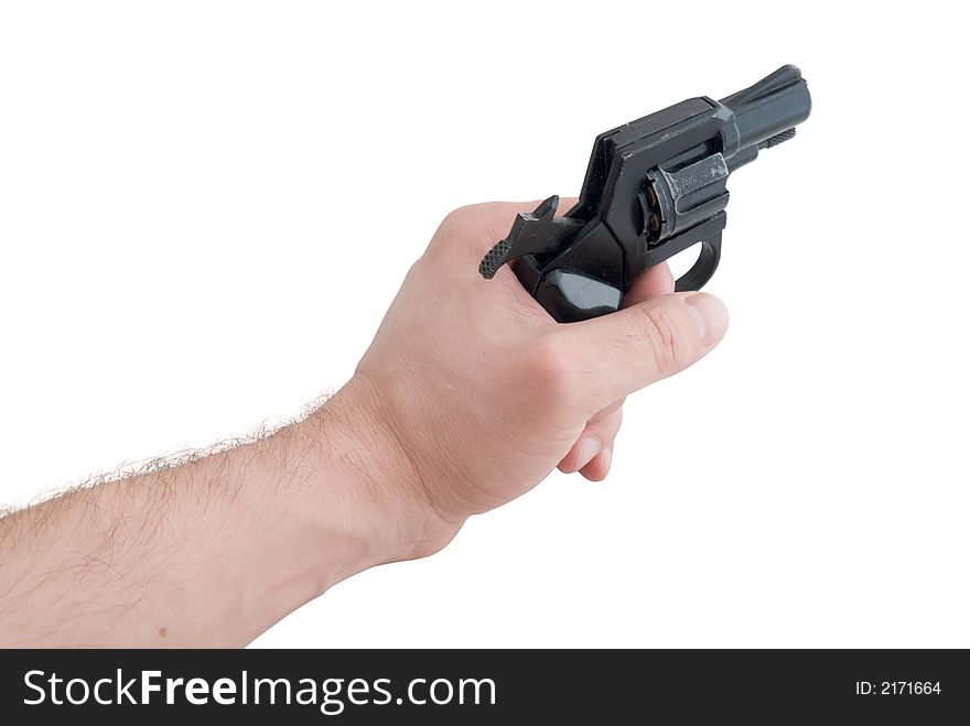 Black 9mm gun in man's hand aiming. Black 9mm gun in man's hand aiming