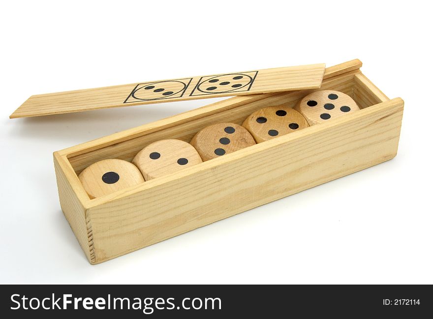 Five wooden gambling dices
