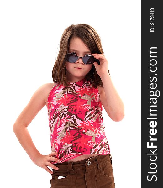Little girl wearing sunglasses giving big attitude. Little girl wearing sunglasses giving big attitude