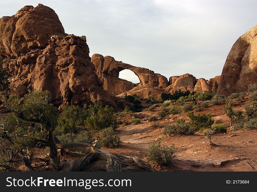 View of an arch in Arches National Park in Utah.