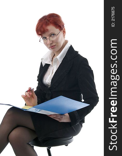 Businesswoman in glasses with a folder on a white background