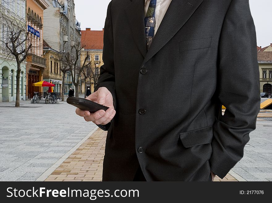 Business telephone calling on street