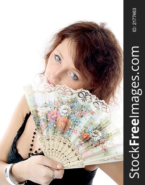 The girl with a fan on a white background