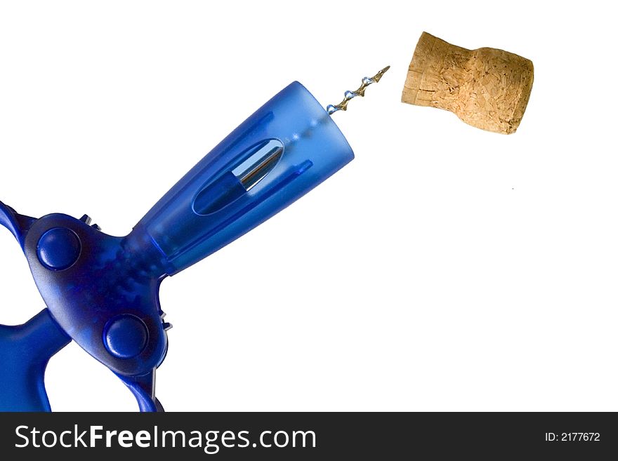 Blue corkscrew with cork, on white. Blue corkscrew with cork, on white
