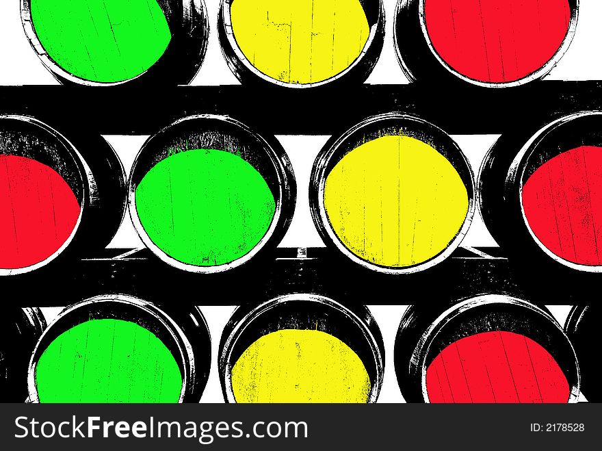 Barrels designed to look like a graphic illustration. Multi colored barrels