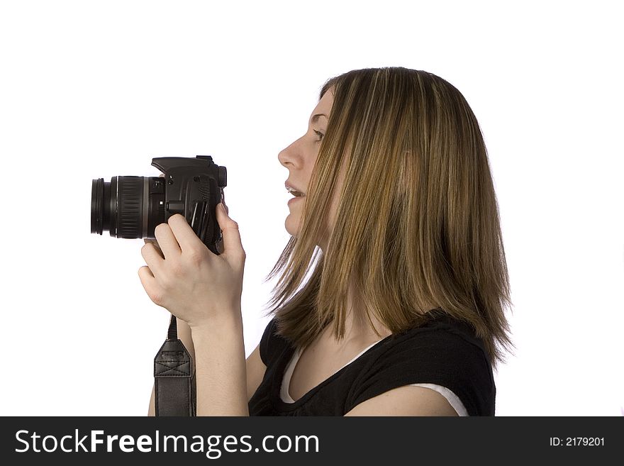 Woman looking through camera, on isolated white background