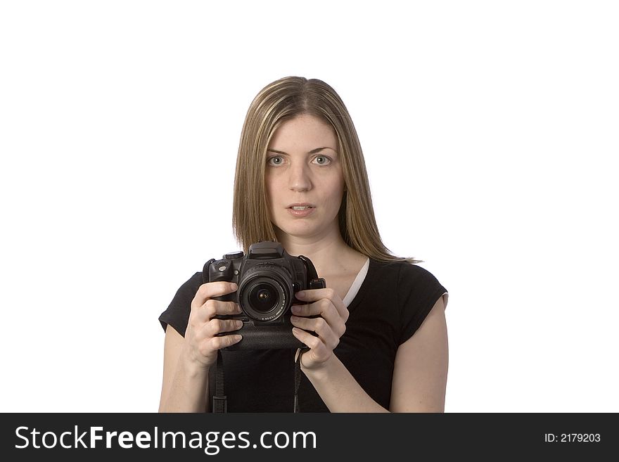 Woman surprised holding camera, on isolated white background. Woman surprised holding camera, on isolated white background