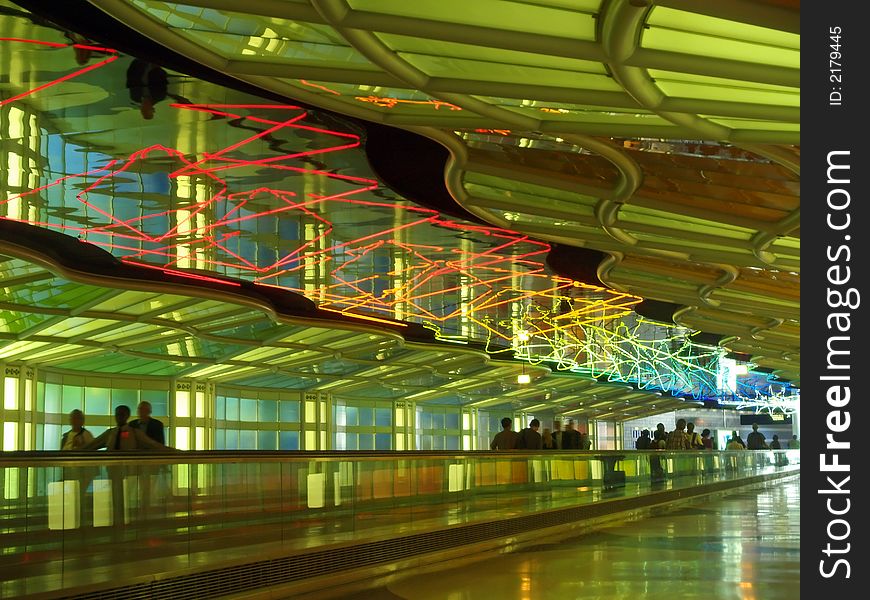 The neon lights in a corridor of a major internation airport. The neon lights in a corridor of a major internation airport