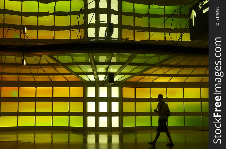 The neon lights in a corridor of a major internation airport. The neon lights in a corridor of a major internation airport