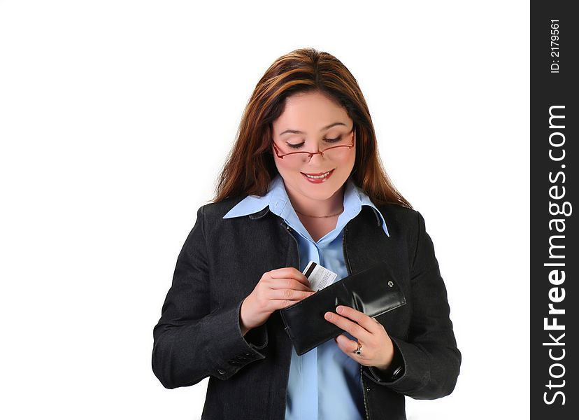 Woman smiling and pulling out credit card out of her wallet. Woman smiling and pulling out credit card out of her wallet