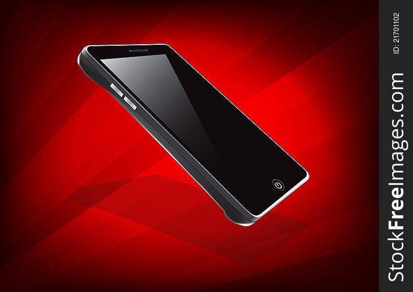 A glossy touch screen cellular phone on a vibrant, red back drop with rays. A glossy touch screen cellular phone on a vibrant, red back drop with rays.