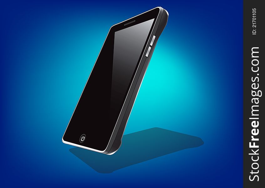 A stylish, glossy, black touch screen cellular phone on a striking, blue back drop. A stylish, glossy, black touch screen cellular phone on a striking, blue back drop.