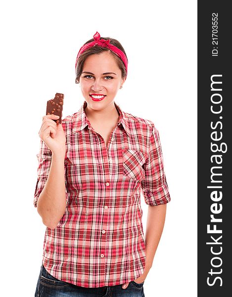 housewife in kerchief with chocolate bar isolated on white. housewife in kerchief with chocolate bar isolated on white