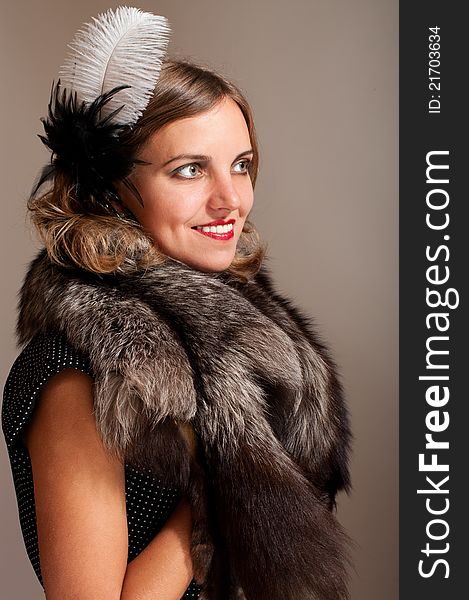 Retro Woman With Feather And Fur