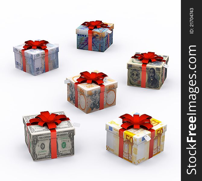 Currency Present Box with Red Ribbon - 3D render by me