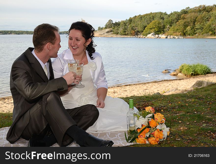 Happy couple drinking wine in sea scenery. Happy couple drinking wine in sea scenery