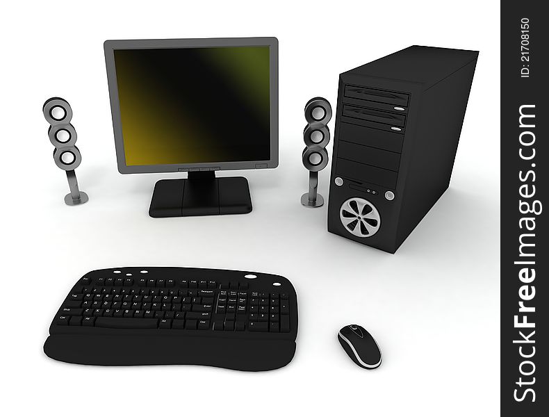 Black computer with speakers on a white background