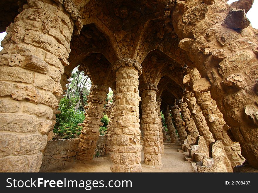 The Stone columns in Guell park in Barcelona made by Gaudi