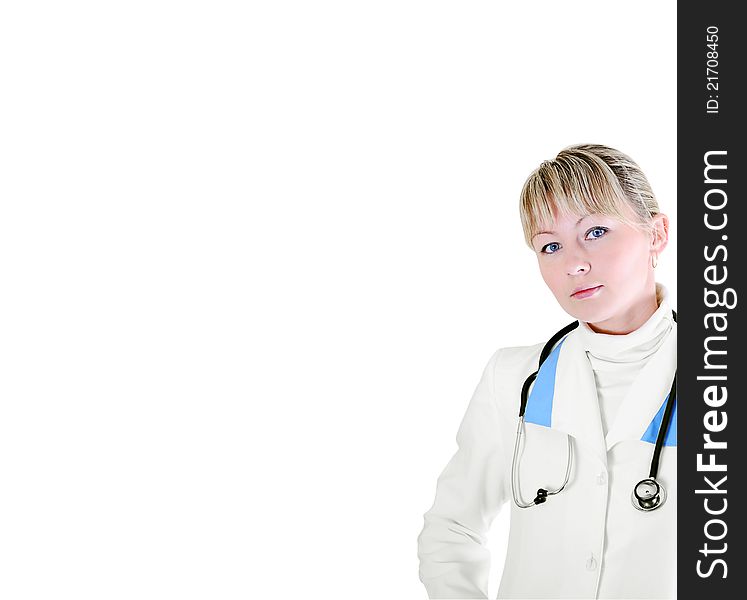 Female doctor wearing a white coat with a stethoscope around his neck