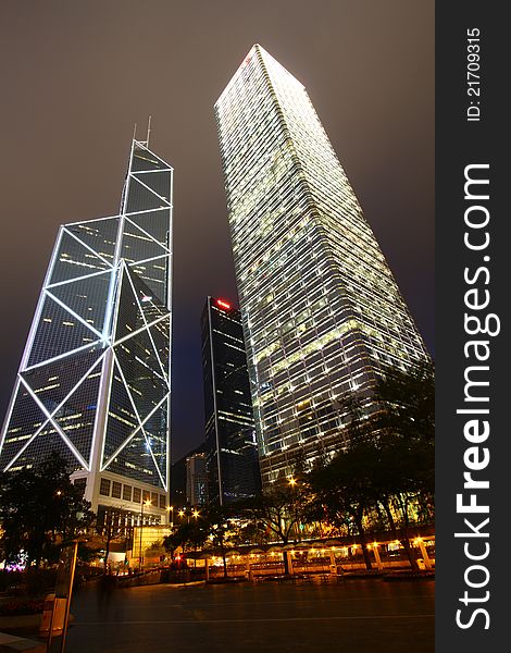 A view of the lights and skyscrapers in downtown Hong Kong at night