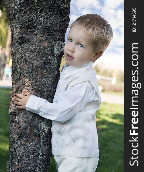Little boy standing near the tree in the park