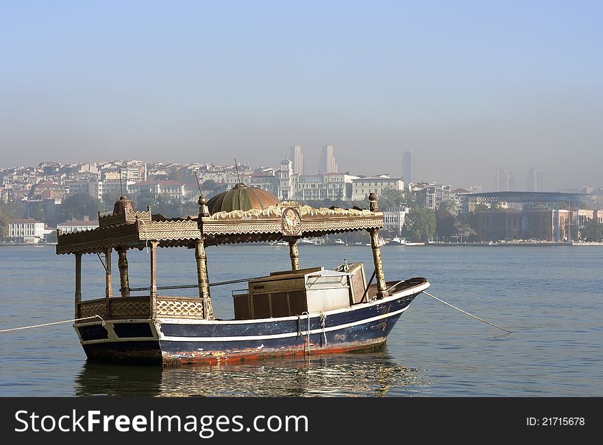Old boat on bosporus and panorama on the Golden Horn, raw. Old boat on bosporus and panorama on the Golden Horn, raw