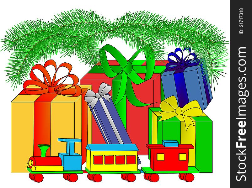 Illustration of wrapped presents and a toy wooden train under the boughs of an evergreen tree. Illustration of wrapped presents and a toy wooden train under the boughs of an evergreen tree.