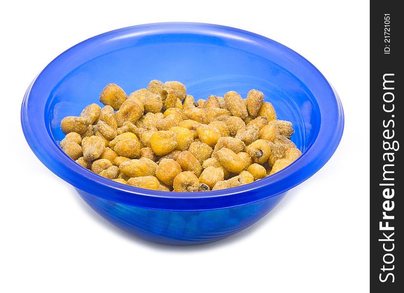 Blue bowl with fried corn on white background