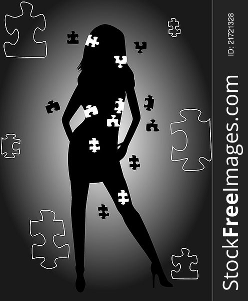 Girl silhouette with pieces of puzzle and black background. Girl silhouette with pieces of puzzle and black background