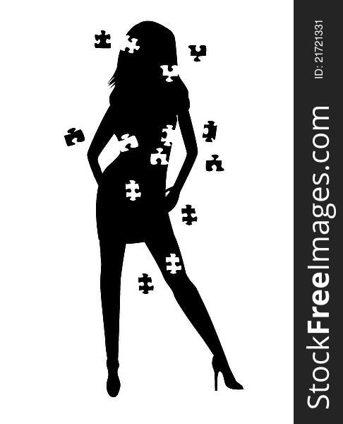 Girl silhouette with pieces of puzzle and white background. Girl silhouette with pieces of puzzle and white background