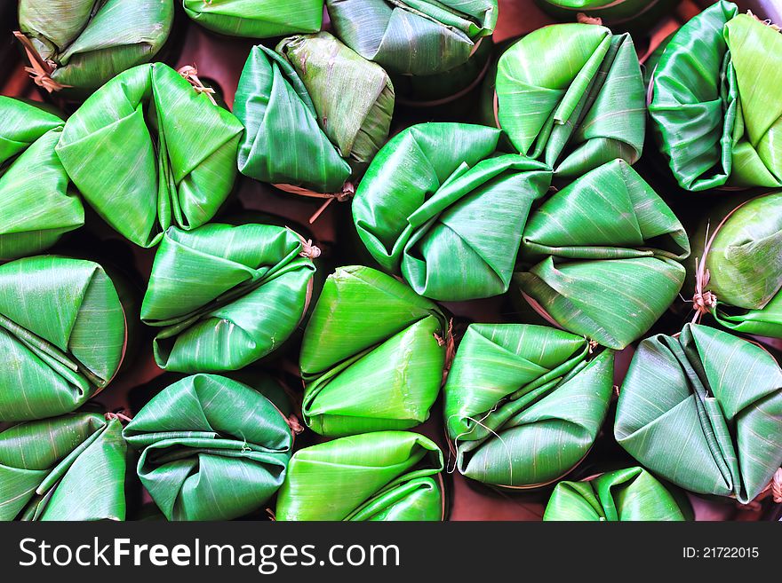 Thai Sticky Rice Dessert Wrapped In A Leaf Banana