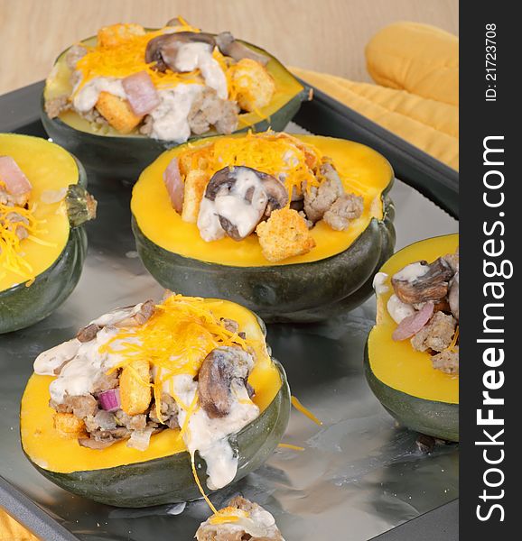 Baked stuffed squash on a baking sheet. Baked stuffed squash on a baking sheet