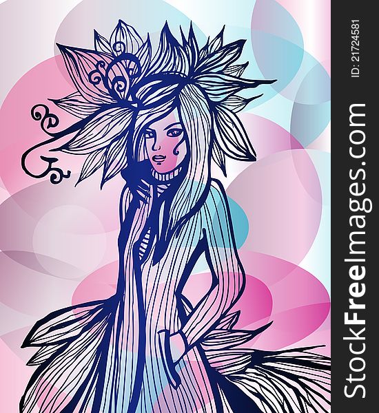 Illustration of beautiful woman in fantasy fashion dress. Illustration of beautiful woman in fantasy fashion dress