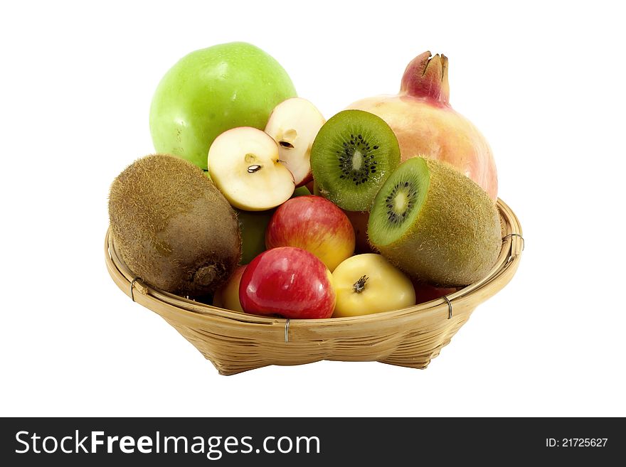 Mix fruit on basket with white background.