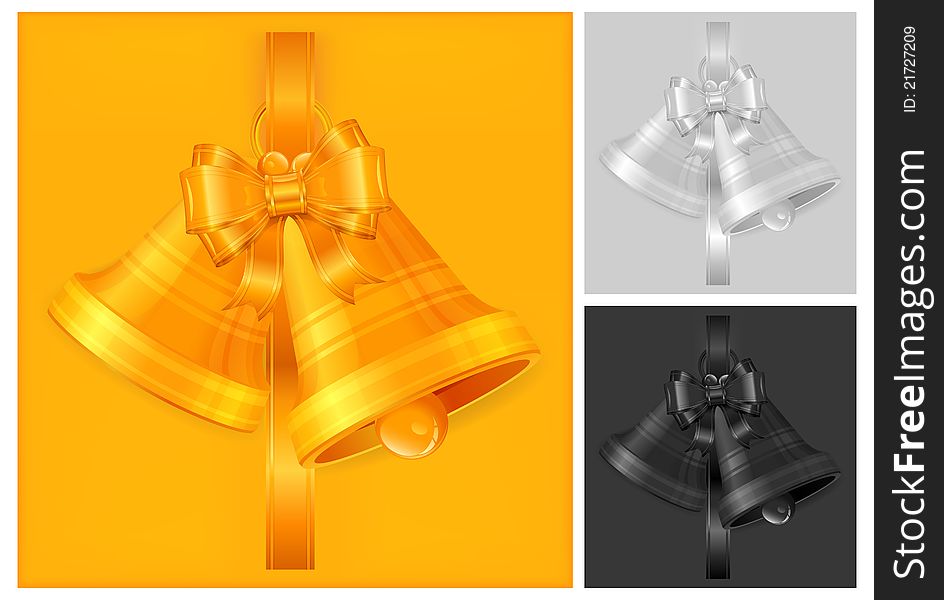 Gold Christmas bells isolated on yellow background, vector illustration. Gold Christmas bells isolated on yellow background, vector illustration
