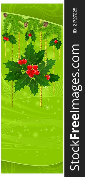 Christmas decoration with fir trees and berries on green, vector illustration. Christmas decoration with fir trees and berries on green, vector illustration