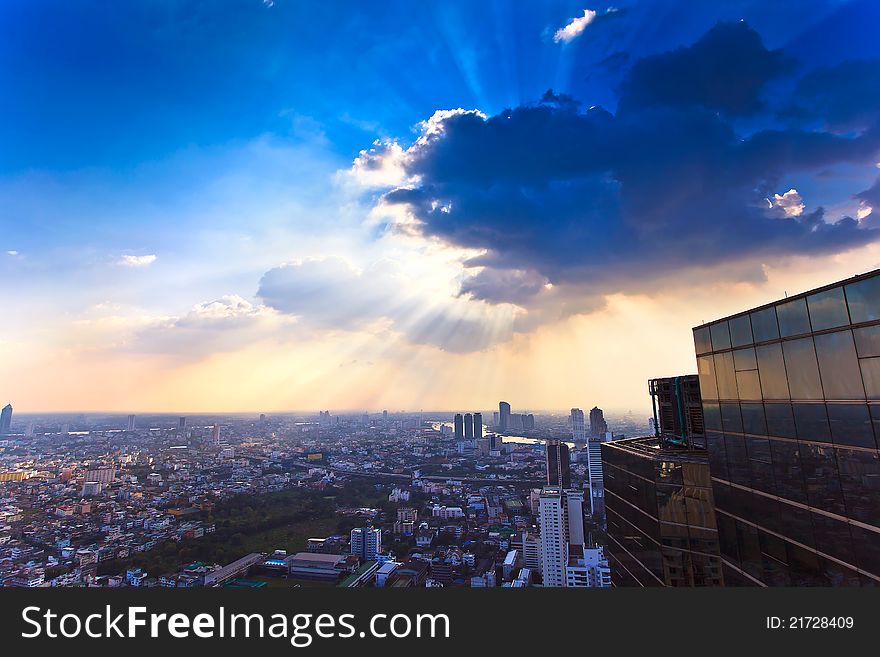 Top view building and reflection at sunset time