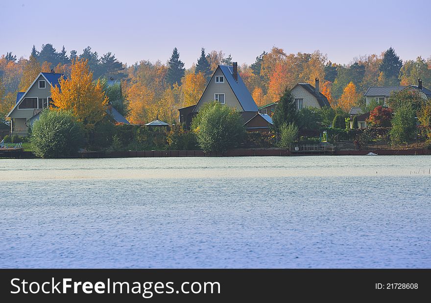 Autumn view on lake village. Autumn view on lake village