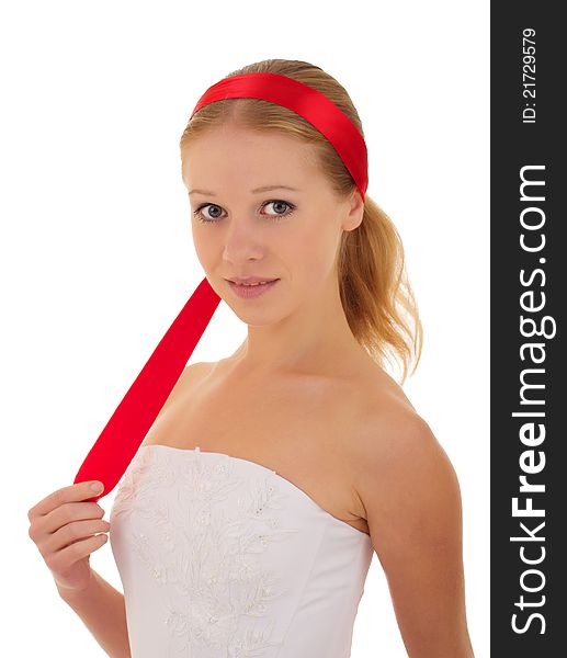 Attractive girl with a red ribbon on white background