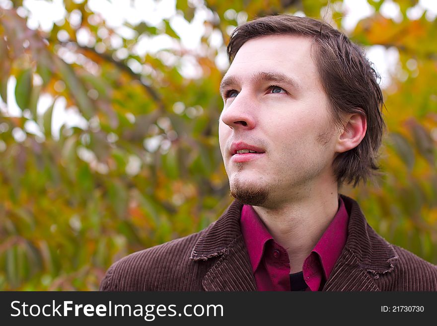 Handsome man portrait in autumn leaves background. Man with a little beard.