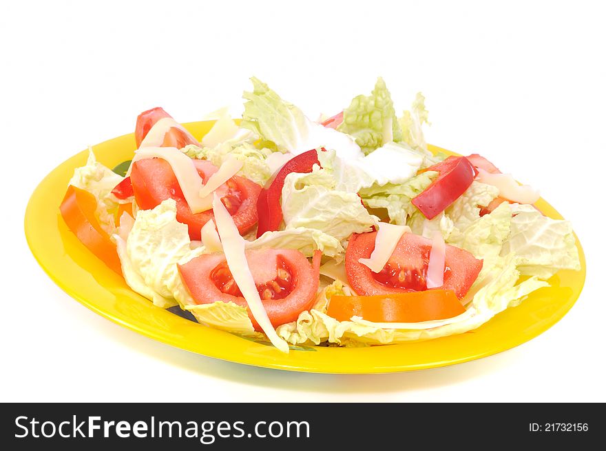 Vegetarian salad with cheese , on a white background. Vegetarian salad with cheese , on a white background