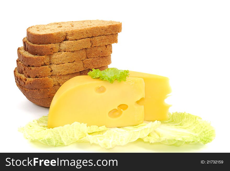 Fresh bread and cheese ,  on a white background. Fresh bread and cheese ,  on a white background