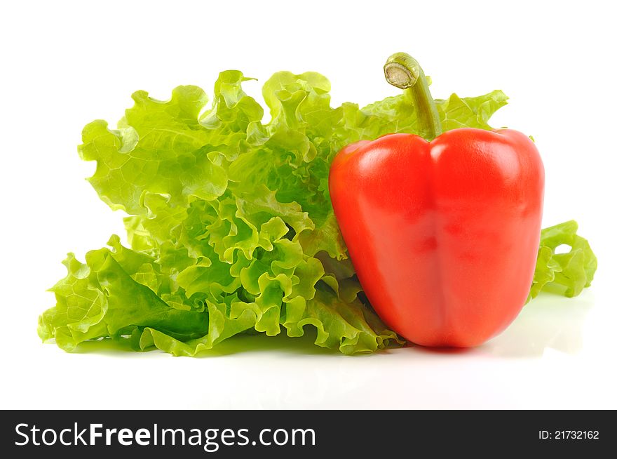 Red pepper with green salad, on a white background. Red pepper with green salad, on a white background